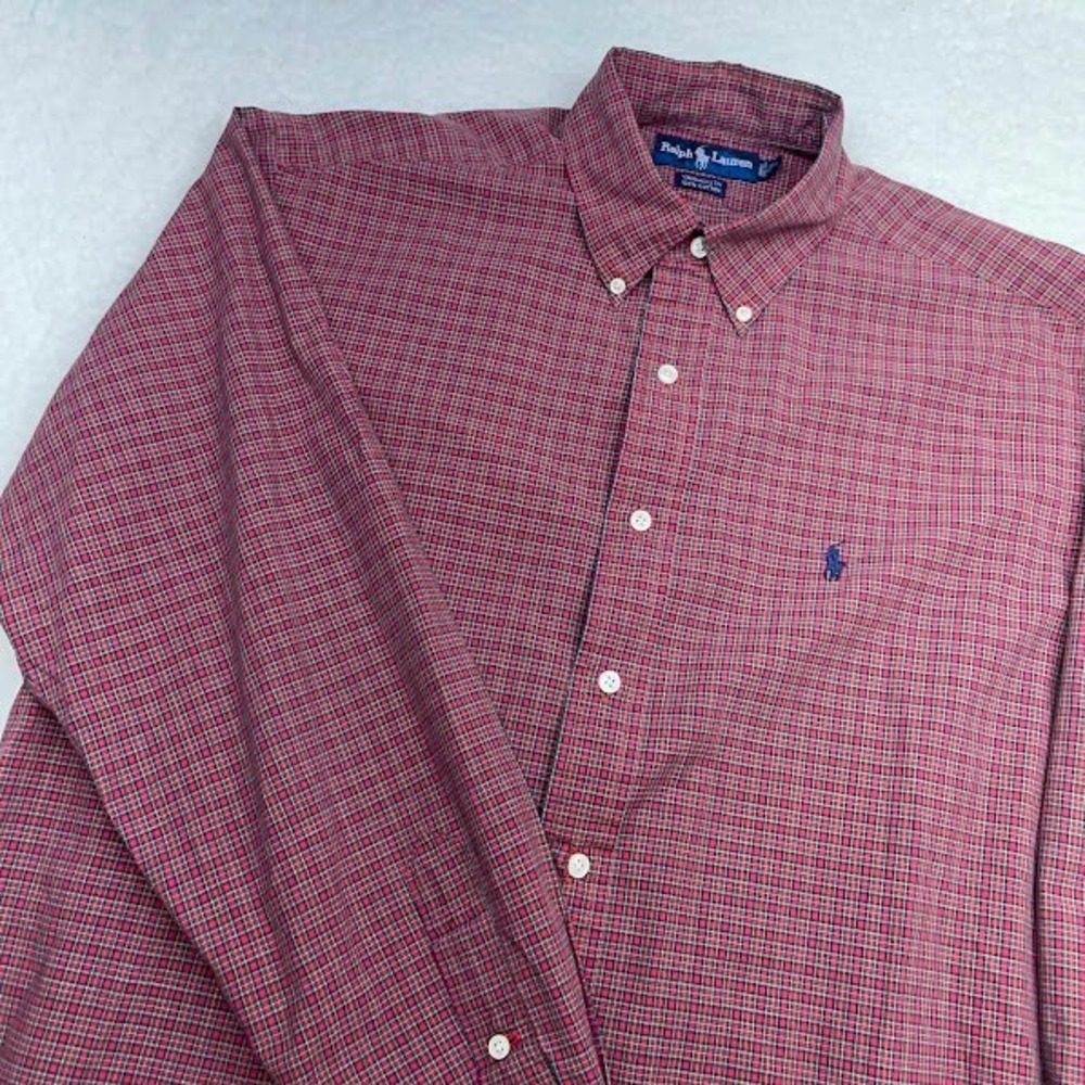 Ralph Lauren Button Down Shirt Mens 15.5 Yarmouth Plaid  Long Sleeve Red Logo